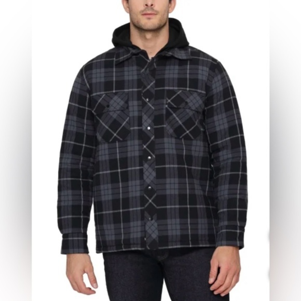 Men's Plaid Fleece Flannel Shirt with Blackhood and Drawstrings Size Medium
